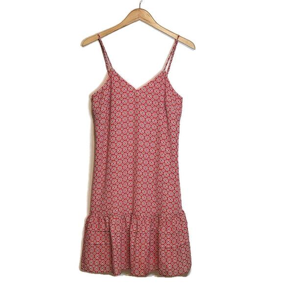 J Crew Red and White Print Mini Dress Ruffle Hem Drop Waist Summer Preppy Size 6 - Picture 1 of 14